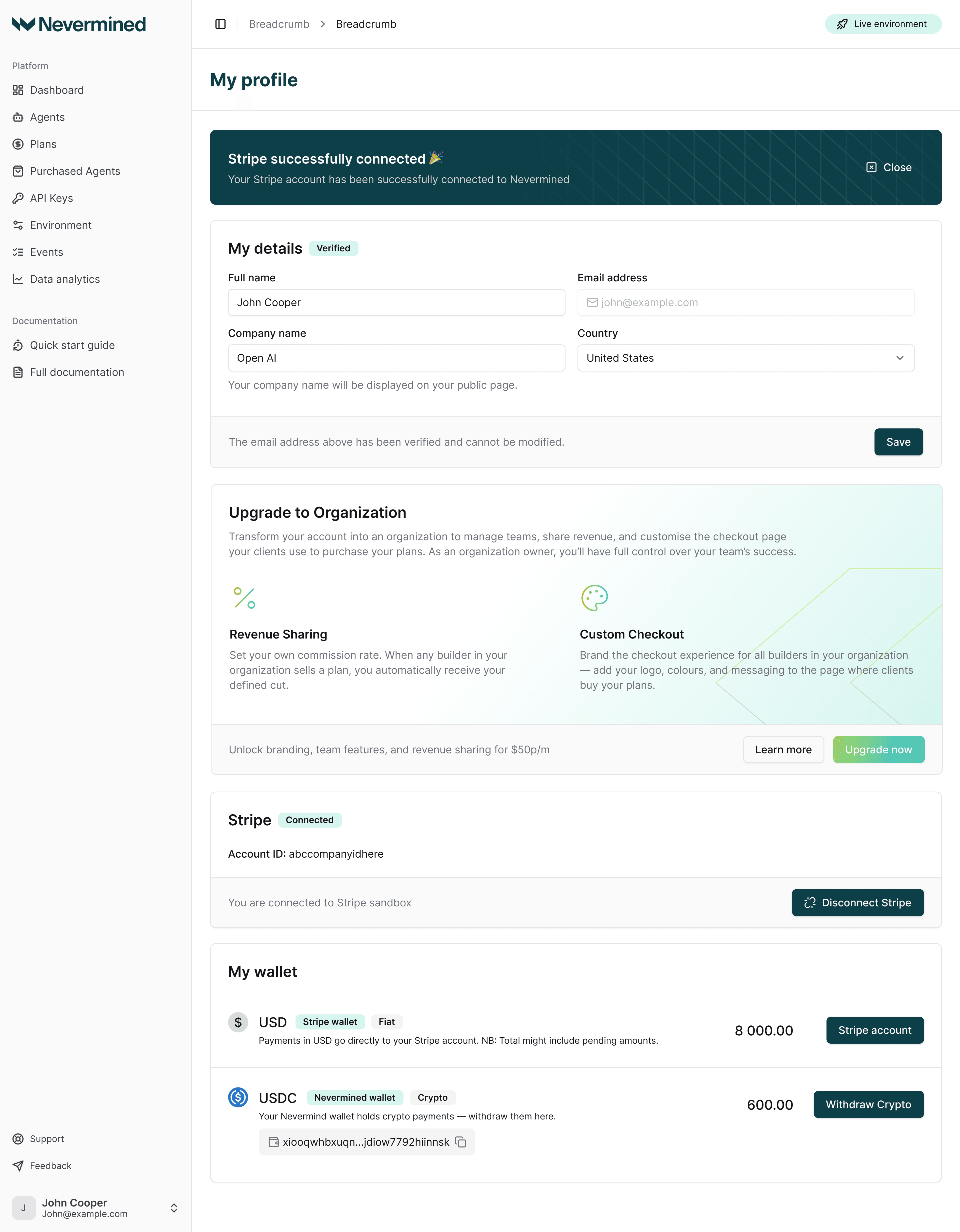 Nevermined Dashboard showing events and revenue analytics